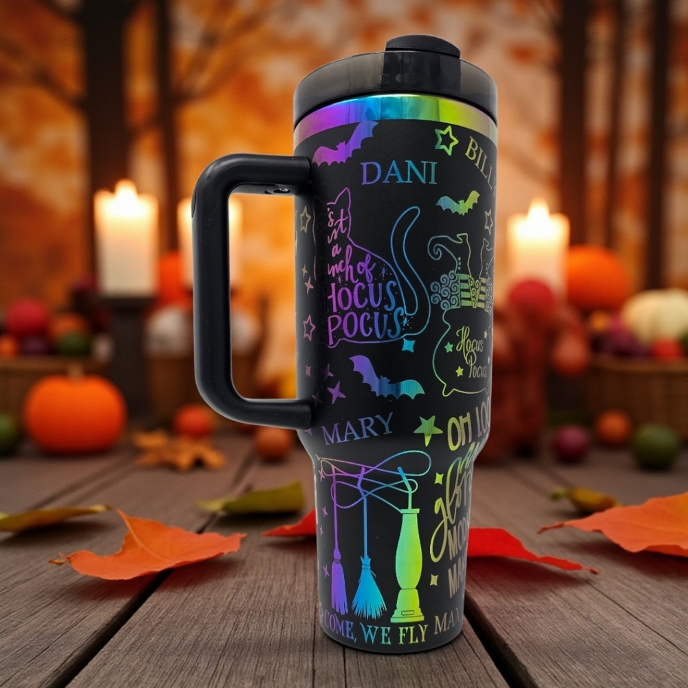 Hocus Pocus-inspired 40 oz Black with Rainbow Underlay Laser Engraved Tumbler